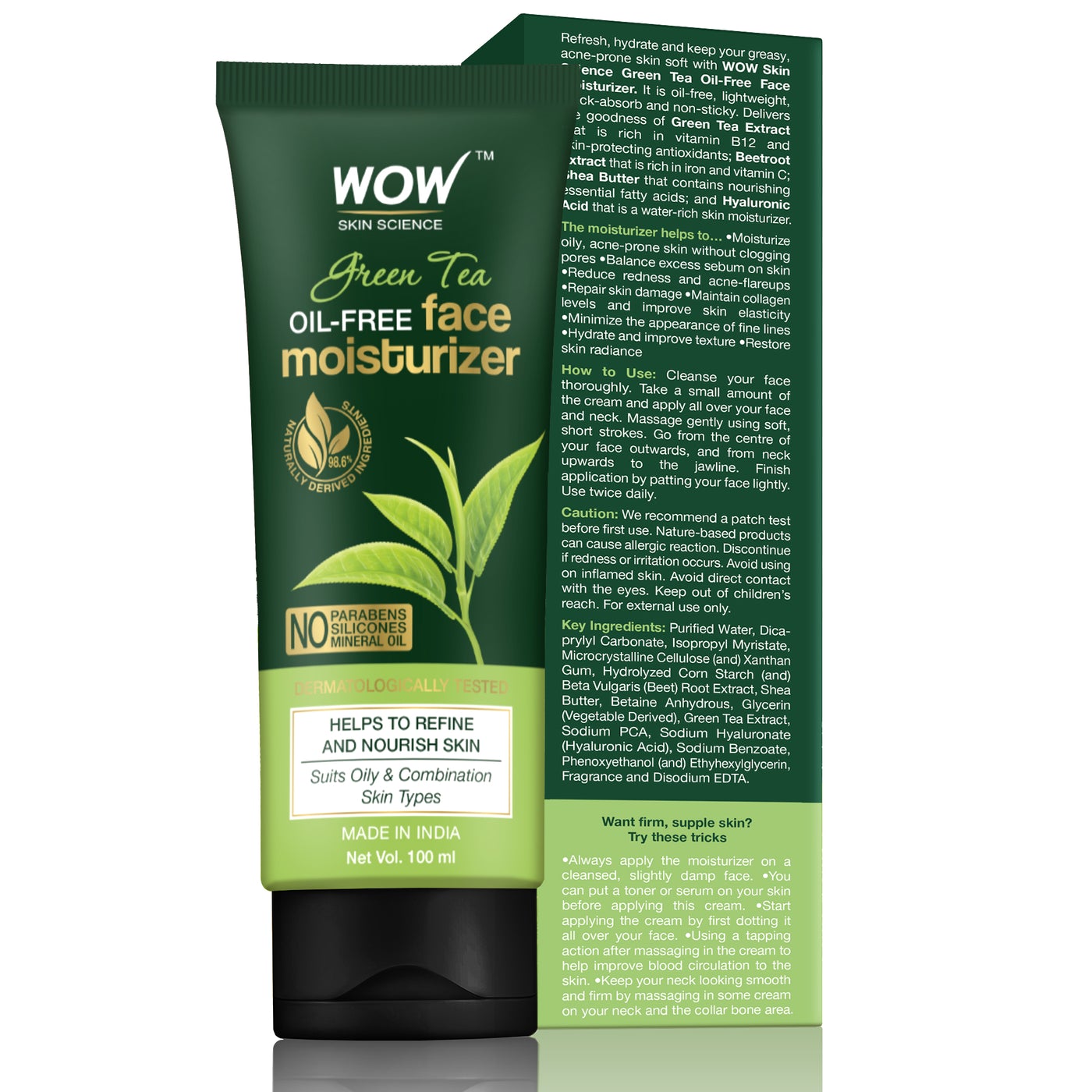 WOW Green Tea Face Moisturizer - OIL FREE - Quick Absorbing - Non Sticky - contains Green Tea Extract - for Refining & Nourishing Skin - No Parabens, Silicones & Mineral Oil - 100 ml