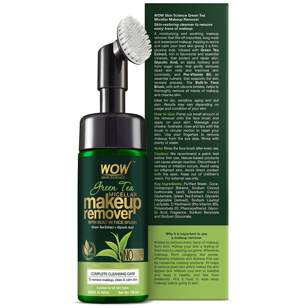 WOW Green Tea Makeup Remover With Built-In Face Brush (MICELLAR) - No Parabens, Sulphate, Silicones, Mineral Oil, Color - 150mL