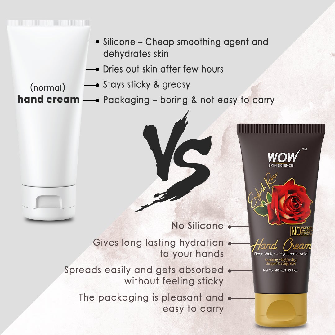 WOW English Rose Gentle Hand Cream With Rose Water and Hyaluronic Acid - No Parabens, Silicones, Mineral Oil, Color & Pg - 40 ml