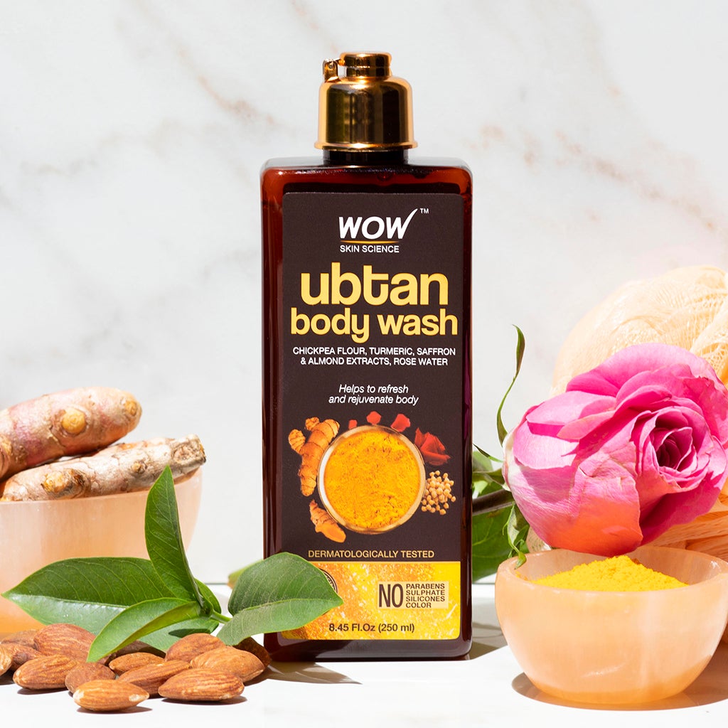 WOW Ubtan Body Wash with Chickpea Flour, Almond Extract, Saffron & Turmeric Extracts - No Sulphate, Parabens, Silicones & Color - 250 ml
