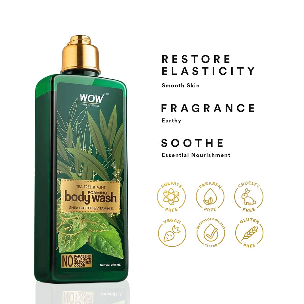 WOW Tea Tree & Mint Foaming Body Wash - No Parabens, Sulphate, Silicones & Color - 250 ml