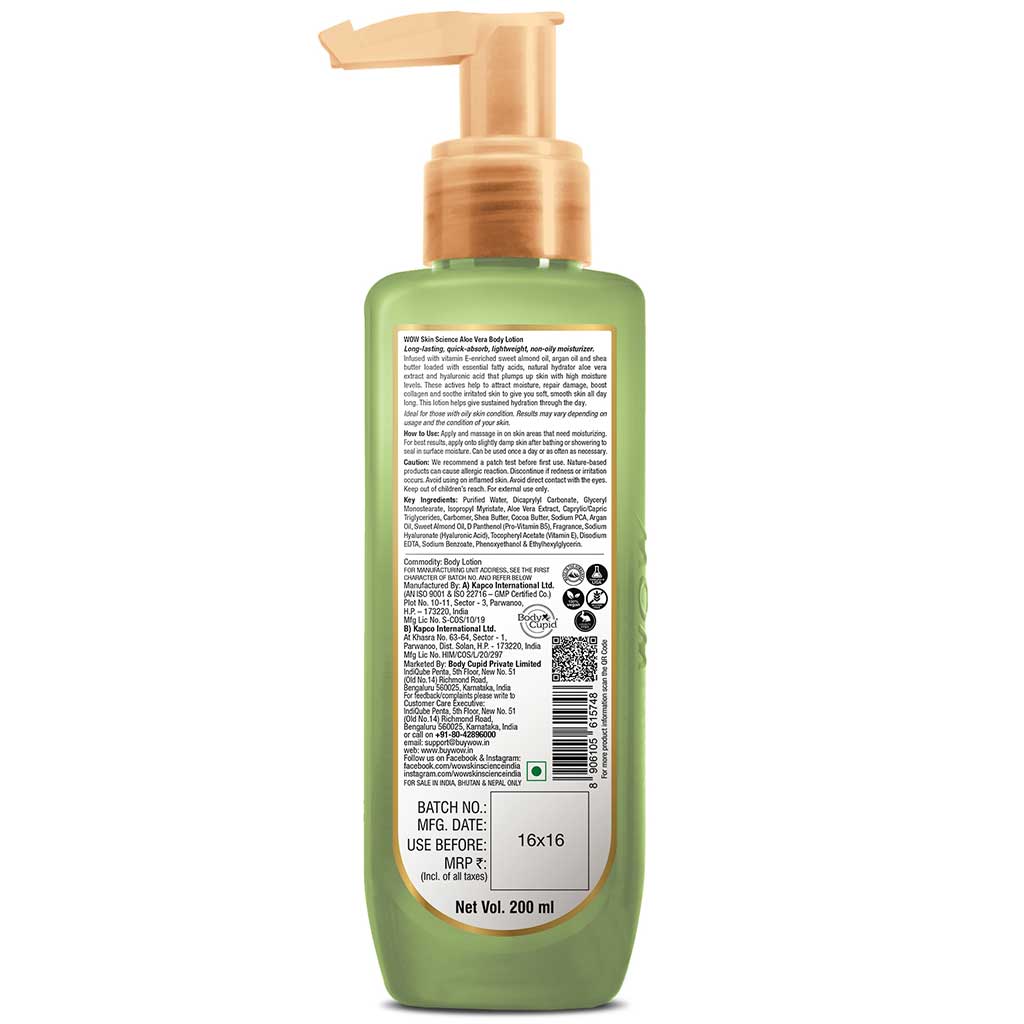 WOW Aloe Vera Body Lotion - Ultra Light Hydration - No Mineral Oil, Parabens, Silicones, Color & PG - 200 ml