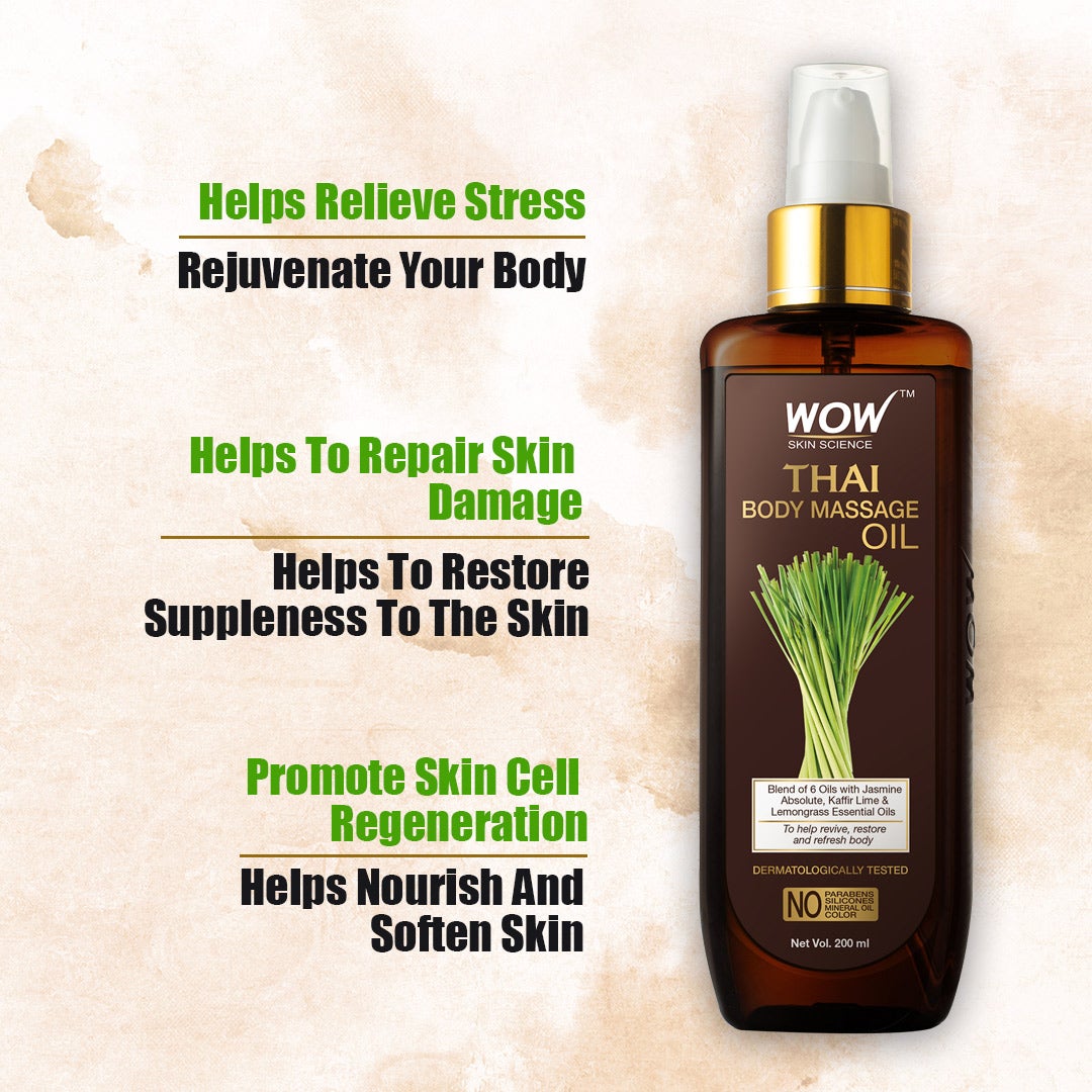 WOW Thai Body Massage Oil for Reviving and Refreshing -Infused with Blend of 6 Oils with Jasmine Absolute, Kaffir Lime and Lemongrass Essential - 200 ml