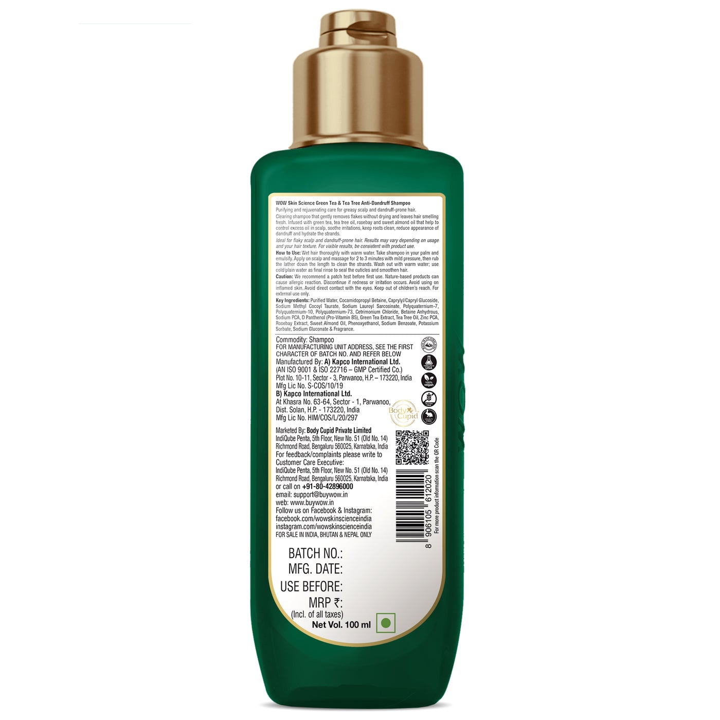 WOW Green Tea & Tea Tree Anti-Dandruff Shampoo - NO Sulphates, Parabens, Silicones, Color & PEG - 100 ml