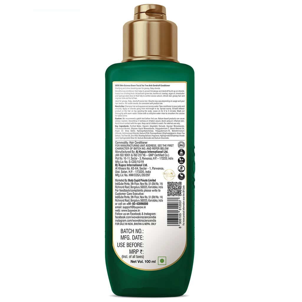 WOW Green Tea & Tea Tree Anti-Dandruff Conditioner - No Mineral Oil, Parabens, Silicones, Color & PEG - 100 ml