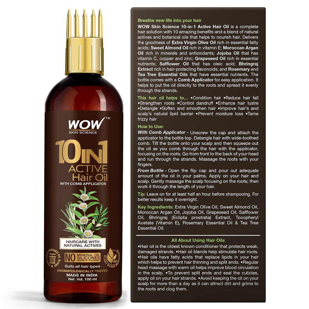 WOW 10 in 1 Active Hair Oil - WITH COMB APPLICATOR - Cold Pressed - No Mineral Oil, Silicones & Synthetic Fragrance - 100 ml