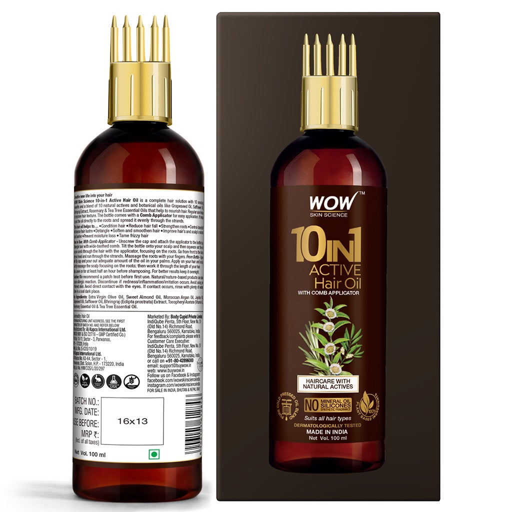 WOW 10 in 1 Active Hair Oil - WITH COMB APPLICATOR - Cold Pressed - No Mineral Oil, Silicones & Synthetic Fragrance - 100 ml