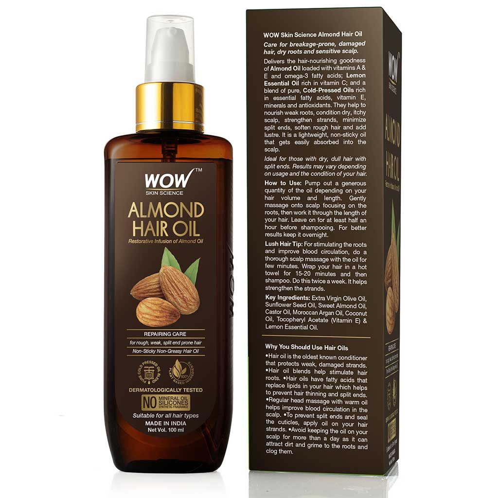 WOW Almond Hair Oil - infused with Almond Oil - Non Sticky & Greasy Hair Oil - No Mineral Oil, Silicones, Synthetic Fragrance - 100mL