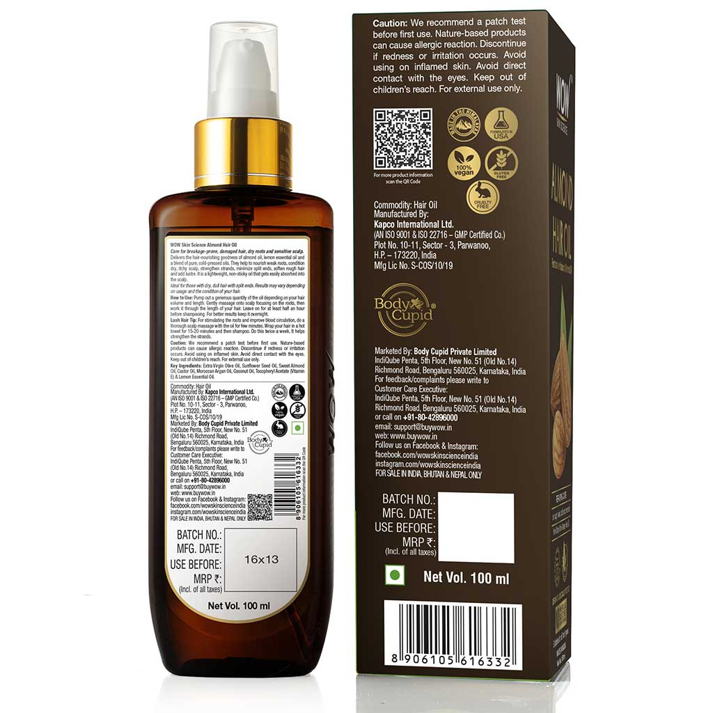 WOW Almond Hair Oil - infused with Almond Oil - Non Sticky & Greasy Hair Oil - No Mineral Oil, Silicones, Synthetic Fragrance - 100mL