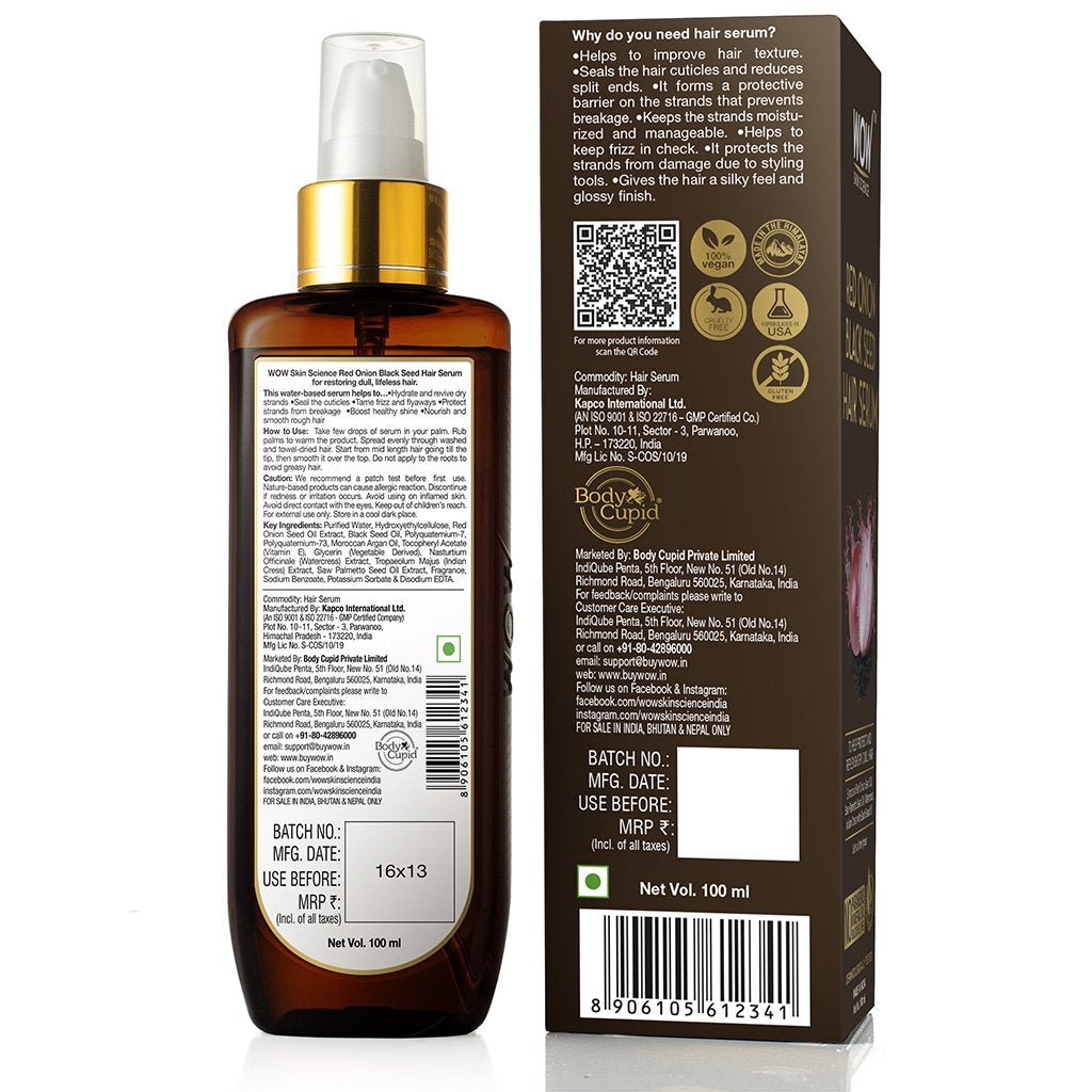 WOW Onion Hair Serum - with Red Onion Black Seed Oil Extract, Watercress - NON STICKY - For Frizz Control & Replenishing Dry, Dull Hair - No Parabens, Silicones & PEG - 100 ml